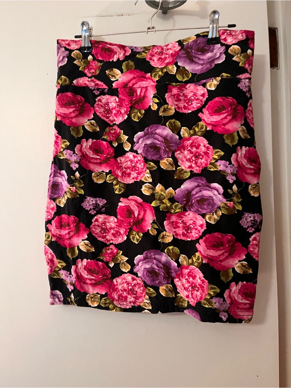 Forever 21 Bodycon Skirt in Black with Pink & Purple Roses